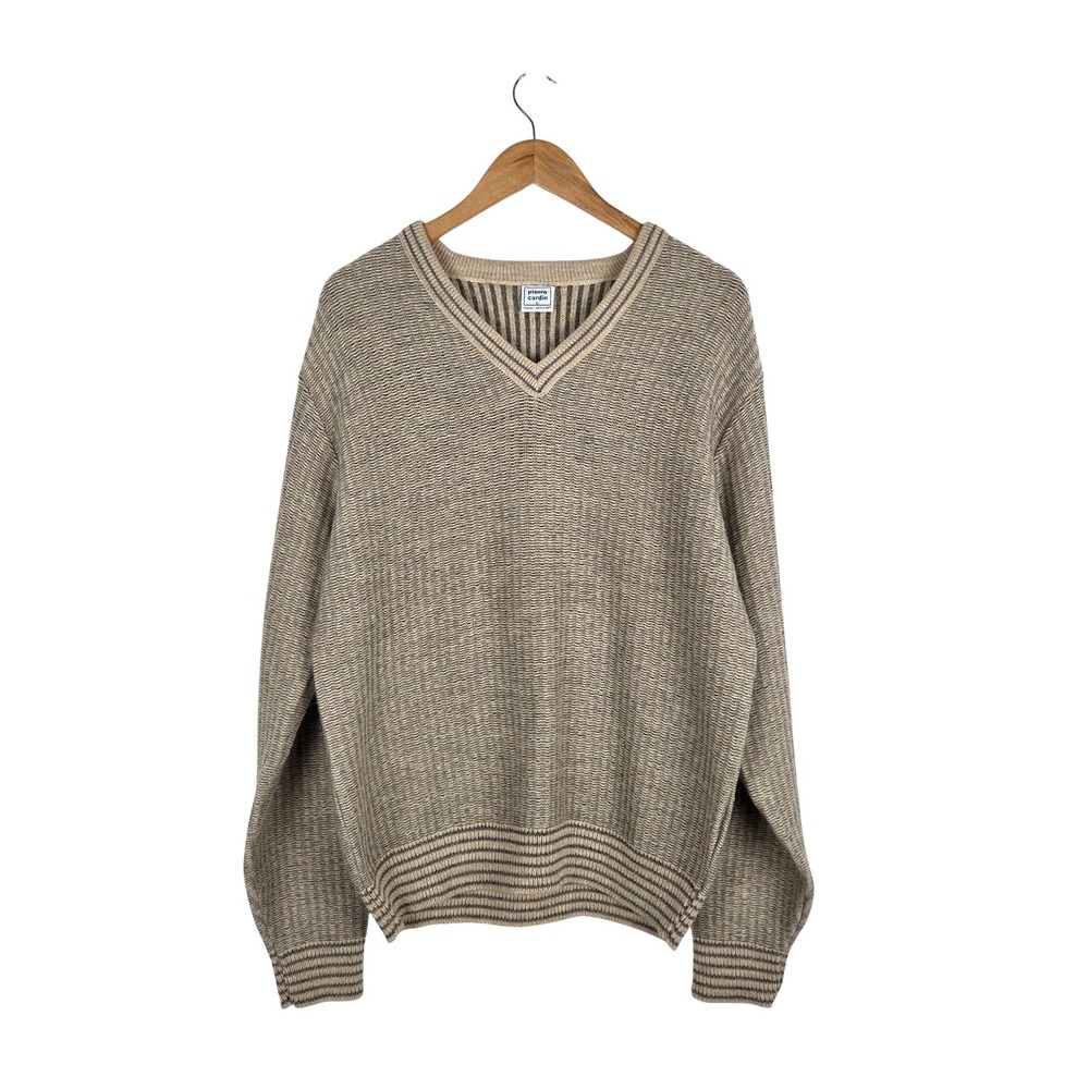 Vintage Pierre Cardin Men's V-Neck Sweater Tan Striped Knit Size L Preppy Casual